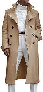Ebifin Men's Notch Lapel Double Breasted Long Trench Coat Casual Cotton Blend Peacoat, Khaki, Medium