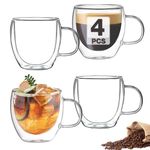 Mfacoy Double Wall Insulated Glasses Espresso Cups Set of 4, 5 oz Clear Coffee Cups with Handle, Espresso Shot Glasses, Suit for Espresso Machine, Latte, Cappuccino, Glass Coffee Mugs