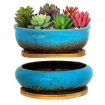 ARTKETTY Succulent Pots, Ceramic Succulent Planters Pots with Drainage Bamboo Tray, 1 Rectangle Flower Pot + 1 Round Flower Pot for Indoor Cactus Bonsai Plants Home(Blue)