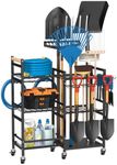 NADAMOO Garden Tool Organizer with Rolling Wheel, 3-tier Metal Shelf Yard Tool Holder, Utility Stand Rack for Garage Organization and Storage, Hold Long-Handled Rakes, Shovel, Broom