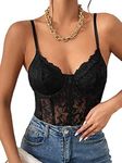 Milumia Women's Floral Lace Sheer Mesh Corset Bodysuit Spaghetti Strap Cami Top