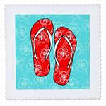 3dRose qs_77532_5 Cute Flip Flops Red Light Blue-Hawaiian Flower-Quilt Square, 14 by 14-Inch