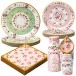 PARTY GO 96pcs Tea Party Tableware Set Floral Tea Party Paper Plates Cups and Napkins Flower Disposable Dinnerware Party Supplies for Wedding Birthday Afternoon Tea Party Table Decor Serve 24 Guests