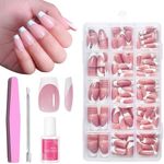 False Nails - 240 Pcs Square Press on Nails French Tip Nude Color False Nail Kit - Full Cover Stick on Nails French Nail Art Manicure Spring Summer Decorations