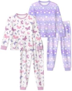 Yoofoss Toddler Pajamas 100% Organic Cotton 4 Piece Long Sleeve Fall Pajama Set Kids Pajamas for Boys Girls Snug Fit Pjs Set, Purple Butterfly&Star, 6Y