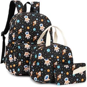 Astronaut Boys School Backpacks for Kids Teens, 3-in-1 School Bag Bookbags Set with Lunch Bag Pencil Case (Black)