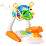 Maxmass Simulation Driving Car Toys, Interactive Toddler Steering Wheel Toy with Stool, Lights & Sounds, Megaphone and Cyclic Rotary Scene, Pretend Play Realistic Driving Station for Boys Girls