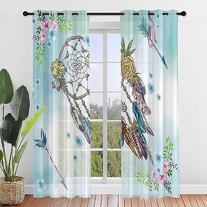 Hiseng 2 Pezzi Tende Voile Trasparente, Decorativi Sheer Tenda per Interni Soggiorno Camera Cameretta Finestra, Acchiappasogni Stampa Semi Trasparente Leggera Tenda (132x213cm,Piuma di Freccia)