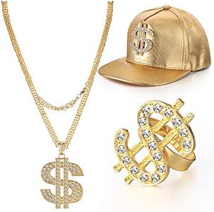 MTLEE 3 Pcs 80s 90s Hip Hop Costume Kit Halloween Rapper Outfits Accessories Dollar Sign Necklace Dollar Ring Hat for Men Halloween Party Cosplay(Gold), 70 cm/ 27.5 inch, Alloy with plastic/rubber