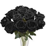 Avoik Artificial Flowers Rose Bouquet Black Fake Silk Flower Roses with Stem Realistic Rose Faux Flowers for Wedding Party Halloween Home Decor Table Decoration, 12pcs (Black)