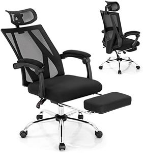 COSTWAY Mesh Office Chair, Ergonomic Swivel Computer Desk Chair with Retractable Footrest, Adjustable Headrest and Padded Armrest, High Back Recliner Task Executive Chair for Home Office, Black