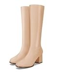 Coutgo Womens Gogo Knee High Boots Square Toe Chunky Block Heel Costume Party Cosplay Dress Shoes, Khaki, 6.5