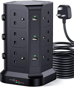 Tower Extension Lead With 5M Cable by KOOSLA, [13A 3250W] Surge Protector - 12 AC Outlets & 6 USB Ports Multi Plug Socket Charging Station, Tower Power Strip for Home, Office,Kitchen-Black
