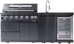 85" Outdoor Grill,Outdoor Kitchen Island,6-Burner 85000 BTU Propane Stainless Steel BBQ with Side/Rear Burners, With Refrigerator and Sink, Rotisserie, Granite Countertops, Storage(Black)