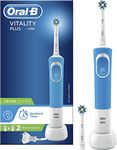 Oral-B Vitality Plus Electric Toothbrush, 1 Handle, 2 Cross Action Toothbrush Heads, 1 Mode with 2D Cleaning, 2 Pin UK Plug, Blue & White