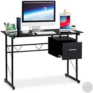 Relaxdays, Negro Escritorio, Tablero de Cristal, Moderno, Cajón Lateral, Juvenil, 75 x 110 x 55 cm