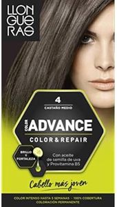Llongueras – Color Advance Color & Repair, Coloración Permanente, con Vitamina E y Provitamina B5, Color Duradero hasta 5 Semanas, Cuida, Hidrata y Protege el Cabello, Tono 4 Castaño Medio