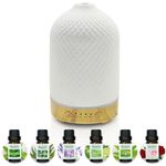 Ceramic Essential Oil Diffuser Electric Aroma Diffuser with 6 Pcs*10ml Essential Oil Gift Set, 7 Colors LED Light/4 Timers Modes/Waterless Auto-Off 100ml Diffuser for Home/Office/Spa