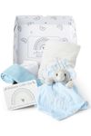 Baby Box Shop - Personalised Baby Gifts Ideal as Christening Gifts for Boys - Personalised Fleece Blanket & Muslin Cloths with Blue Elephant Baby Comforter & Gift Message Card