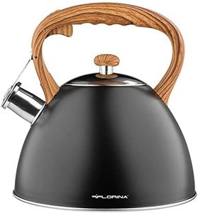 FLORINA Franki Kettle (2.5 L) I Stainless Steel Tea Kettle Whistling Kettle with Wooden Handle I Automatic Whistling I Kettle for Induction Cookers, Gas Stoves and Electric Hobs I Colour: Black