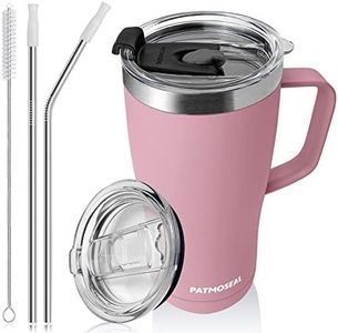 PATMOSEAL 600ml Insulated Travel Mug with Handle Straws & 2 Spillproof Lids, Vacuum Double Wall Stainless Steel Tumbler Cup 20oz for Hot & Cold (Pink)