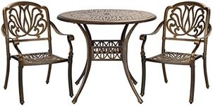 LI LIVSIP 3 Piece Patio Bistro Set - Outdoor Table and Chairs Set of 2 Cast Aluminum with Parasol Hole, Stackable Furniture for Terrace Courtyard Garden, Flower Pattern