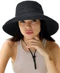 Sun Hats for Women Gardening Hat Wide Brim Ponytail Beach Sun Protection Breathable Cotton Summer Hat with Fold-Up Brim Black