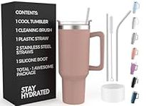 RE TECH UK - 40oz Tumbler With Straw And Lid + 2 Stainless Steel Straws & Silicone Boot, 1.2 Litres, Insulated Cup With Straw And Lid - Travel Mug With Handle - Travel Tumbler With Straw And Lid, Nude