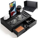 Nightstand Organizer For Men - Father's Day Gift for Dad - Wood Phone Docking Station to Charge Your Phone & Earbuds - Wood Charging Station with Lined Tray & Drawer - Mens Docking Station