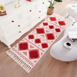 ALSTONIA Hand Woven Tufted 100% Natural Cotton Export Quality Designer Rug,Carpet, Bed Side Runner with Tassels for Bedroom,Living Room, Size-2x5 feet or 60 cms x 152 cms, Pack of 1 (White & Red)