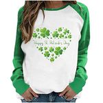 St Patricks Day T Shirt for Women Long Sleeve T-Shirts Crewneck Colour Block Blouse Casual Loose Baggy Jumper Irish Clover Pullover Tees Loose Tops Ladies Casual Summer Tshirts UK Size