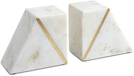 Cork & Mill Marble Book Ends for Shelves, Decorative Bookends for Heavy Books, Unique Mid Century Modern White and Gold Bookends with Brass Inlay, Heavy Duty Bookshelf Stopper, Set of 2