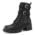 Hawkwell Women's Combat Boots Zipper Buckle Chunky Heel Ankle Booties,Black PU,7 M US