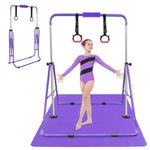 YEEGO DIRECT Gymnastics Bar for Kids, Adjustable Folding Gymnastics Bar with Mat, 3-9 Years 140lbs Capacity, Home Gym Equipment with Rings for Indoor Outdoor Use (Purple & Black)