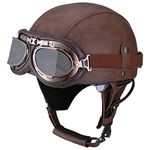 Woljay Vintage Leather Motorcycle Retro Half Helmet Men Women Adult for Scooter Bike Cruiser with Goggles and Drop Down Sun Lens (Medium, Dark Brown)