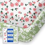 TotBasic Graco Pack N Play Sheets Fitted, Buttery Soft Portable Crib Sheets, Super Stretchy Jersey Cotton Pack and Play Sheet, Mini Crib Sheets Floral, 2 Pack Playard Sheets Cute Flower, Green & Pink