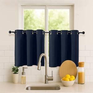 Simplebrand Navy Blue Short Kitchen Curtains 24 Inch Length 2 Panels Set, Small Windows Room Darkening Curtain for Bathroom, Cabinet, Basement, RV Camper, Thermal Insulated Short Drapes, 40 x 24 Inch