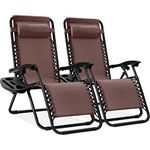 Best Choice Products Set of 2 Adjustable Steel Mesh Zero Gravity Lounge Chair Recliners w/Pillows and Cup Holder Trays, Brown