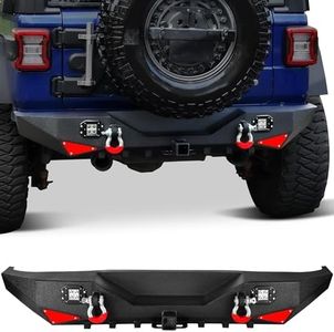 YITAMOTOR Rear Bumper Compatible with 2018-2025 Jeep Wrangler JL (Not Fit Models w/Rear Parking Sensor), Upgraded Textured Black Coating w/ 2" Hitch Receiver, D-Rings & Square LED Lights