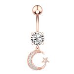 Belly Button Ring Dangle Moon and Stars for Women Girl Sexy Surgical Steel Cute Dainty Boho Long Bar Dangly Belly Button Rings Hypoallergenic Jewelry for Teens Girlfriend (Rose Gold)