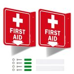 Faittoo First Aid Sign, 2 Pack First Aid with Cross Symbol - 6 x 6 Inches Acrylic Plastic, 2 Pre-Drilled Holes, Includes Matching Screws, Use for Home Office/Business