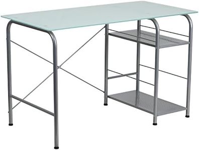 Flash Furniture Computer Desk with Open Storage, Metal, Silk White Glass Top/Silver Frame, 129.54 x 67.31 x 13.97 cm