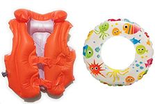 Mamadev®:- Pool Party Adjustable Float Inflatable Swim Vest Safety Jacket with Swimming Ring for Girls and Boys Swimming Ring Swim Tube(5-8 Year)(Swimming Jacket &Swim Ring)
