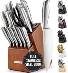 Zulay Premium Stainless Steel 15 Piece Kitchen Knife Set - Razor Sharp and Rust Proof Knife Block Set Designed For Effortless Cutting, Durable & Lightweight, Natural Wood Block with Built In Sharpener