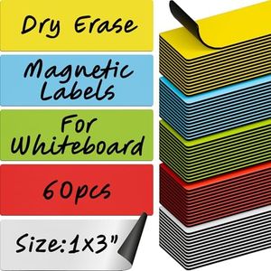 Dry Erase Magnetic Labels 60pcs, 1"×3"×0.7mm+PET, (Multicolor: White, red, Blue, Yellow, Green)