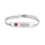 Luluadorn Men's Red Medical Alert Bracelet I Beat Anxiety and Depression Engraved Adjustable Stainless Steel Chain Bracelets for Women