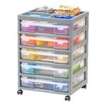 IRIS USA Fits 30.5 x 30.5 cm Paper, 5-Tier Scrapbook Rolling Storage Cart with Organizer Top for Papers Vinyl Office Tools Art and Craft Supplies Gray Frame with 5 Clear Cases, Built in Handle Wheels