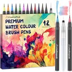 Creativepeak Watercolour Brush Pens, 12 Vibrant Soft Tip Colouring Markers w/Blending Brush, Watercolour Brush Pen Set for Calligraphy, Lettering, Colouring & Journaling, Premium Art Supplies