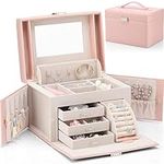 Vlando Faux Leather Jewellery Box, High Capacity Jewellery Organizer Box Storage with 3 Drawers for for Bracelets, Earrings, Rings, Necklaces for Christmas Gift, Wedding Birthday Gift-Pink