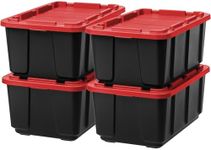 IRIS USA 27 Gallon Large Heavy Duty Storage Bins with Lids, 4 Pack - Made in USA, Snap On Lid Stackable Industrial Tough Totes, Rugged Tubs, Garage Organization, Rugged Reusable Boxes - Black/Red